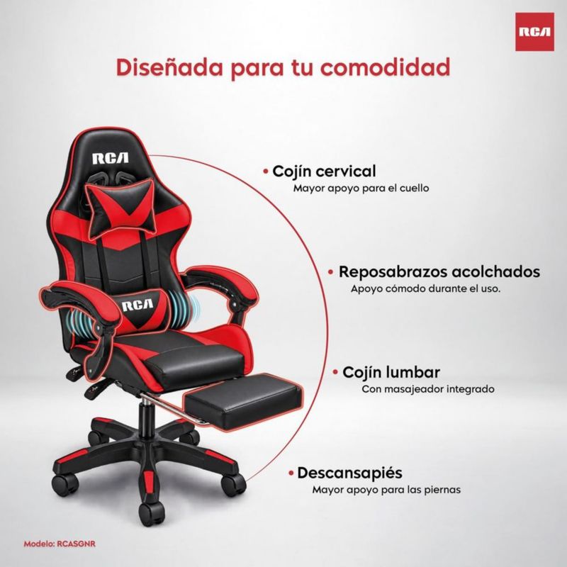 Silla Gamer Masajeador Reposapiés Reclinable Gaming Oficina Negro/Rojo
