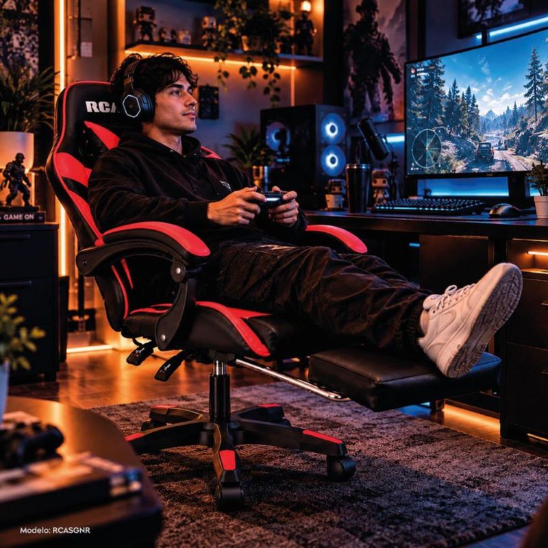 Silla Gamer Masajeador Reposapiés Reclinable Gaming Oficina Negro/Rojo