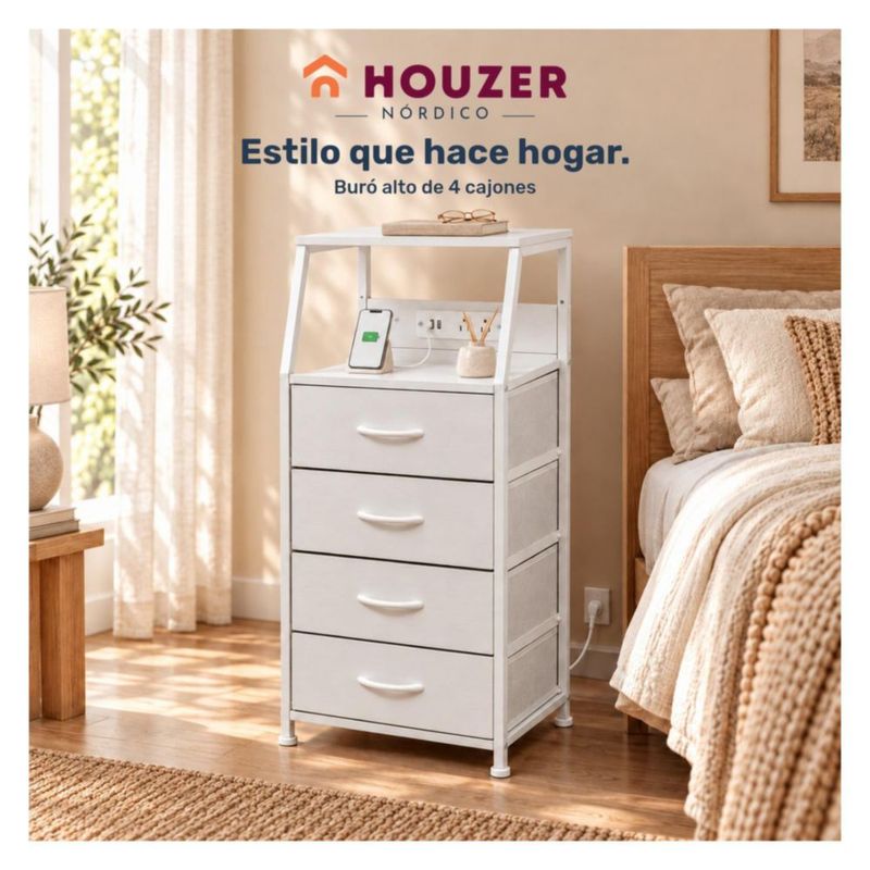 Buro Alto Houzer Nordico 4 Cajones 2 Repisas Multicontacto USB Blanco