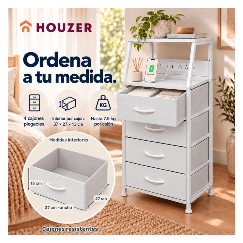 Buro Alto Houzer Nordico 4 Cajones 2 Repisas Multicontacto USB Blanco