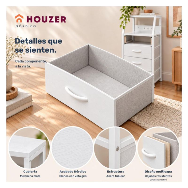 Buro Alto Houzer Nordico 4 Cajones 2 Repisas Multicontacto USB Blanco