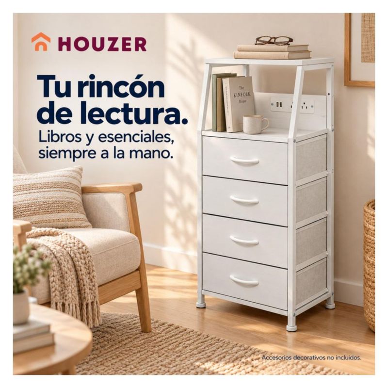 Buro Alto Houzer Nordico 4 Cajones 2 Repisas Multicontacto USB Blanco