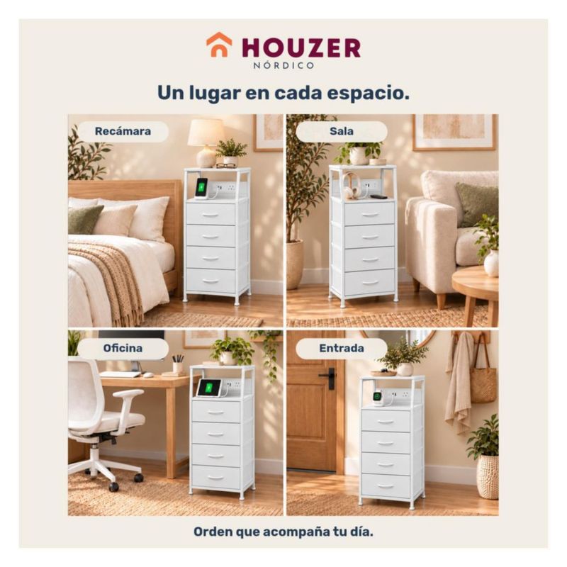 Buro Alto Houzer Nordico 4 Cajones 2 Repisas Multicontacto USB Blanco