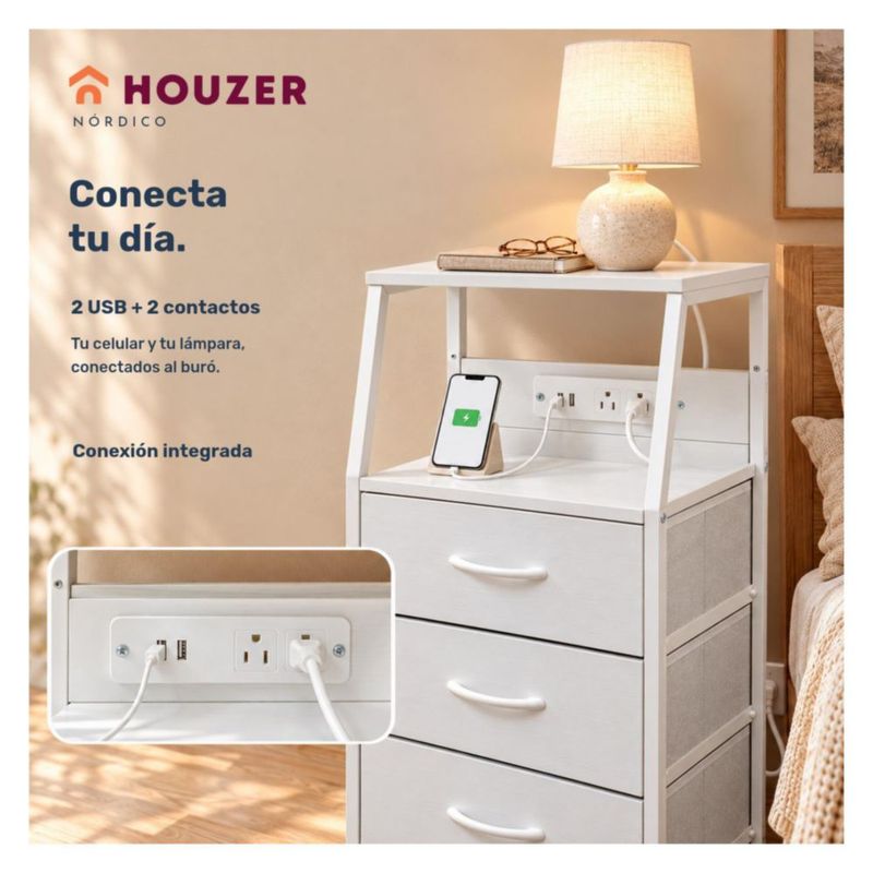 Buro Alto Houzer Nordico 4 Cajones 2 Repisas Multicontacto USB Blanco