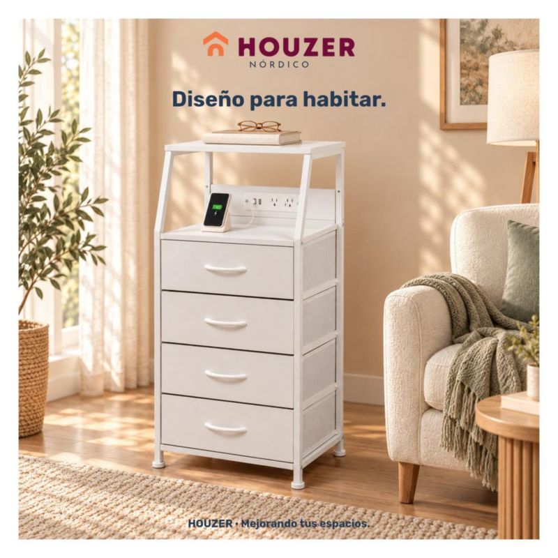 Buro Alto Houzer Nordico 4 Cajones 2 Repisas Multicontacto USB Blanco
