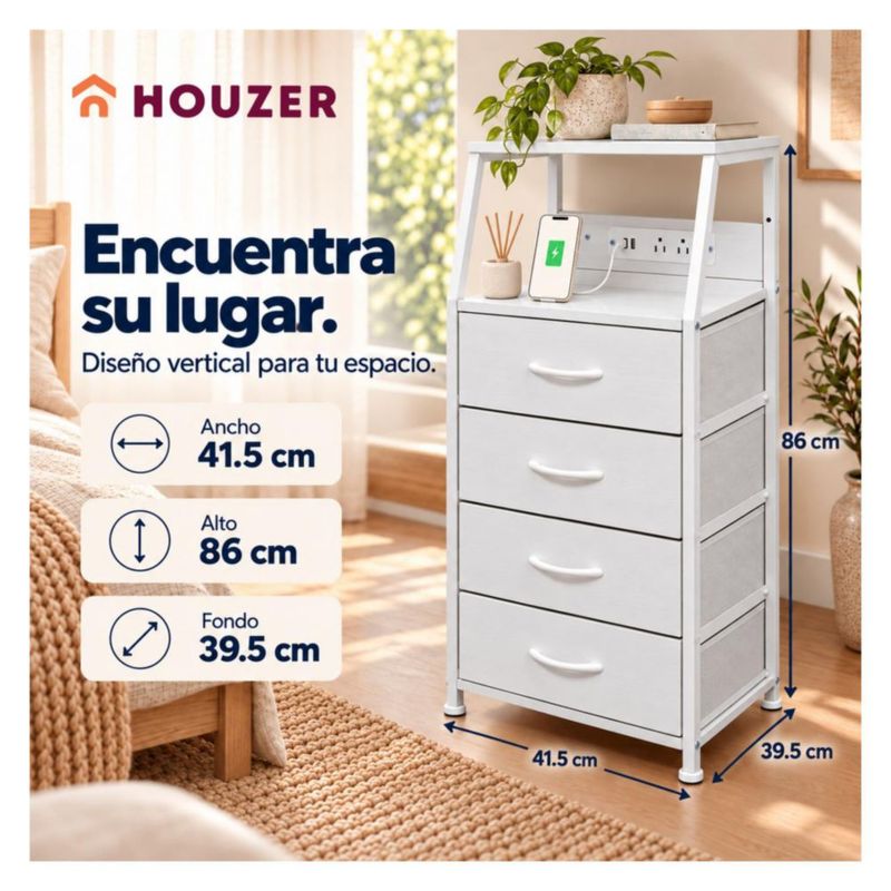 Buro Alto Houzer Nordico 4 Cajones 2 Repisas Multicontacto USB Blanco