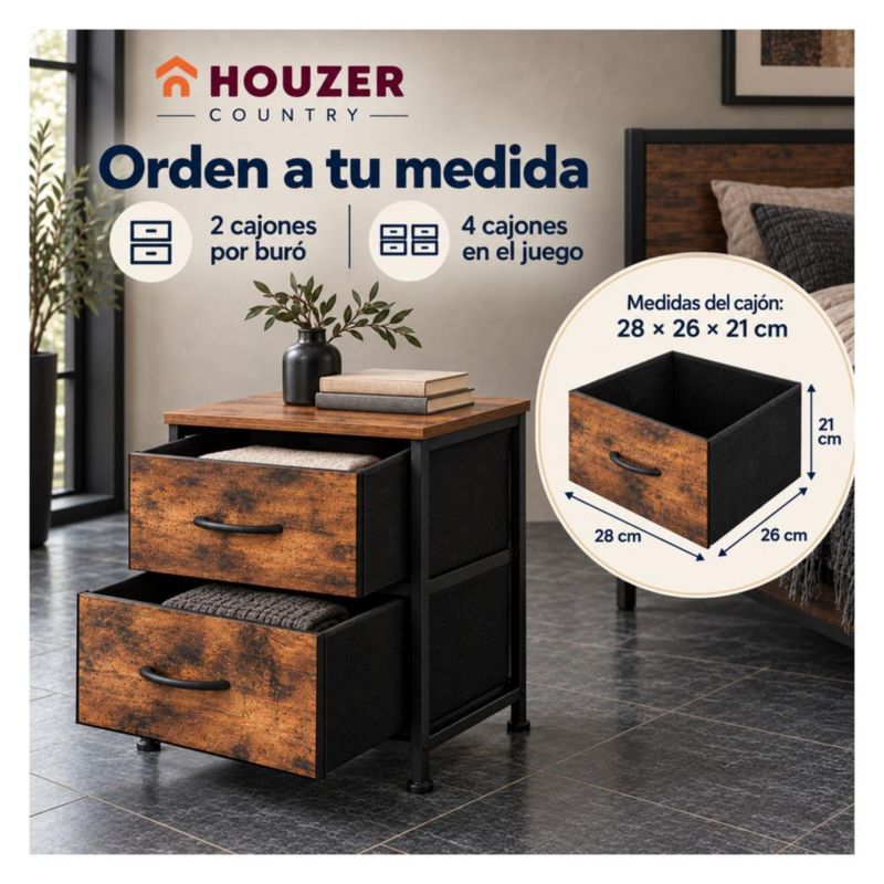 Set De 2 Buros Mesas De Noche 4 Cajones Organizador Acero Café
