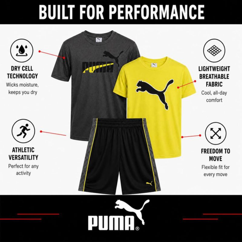 Conjunto PUMA para niños de 3 piezas: camiseta top sin mangas y short (talla 4‑16)