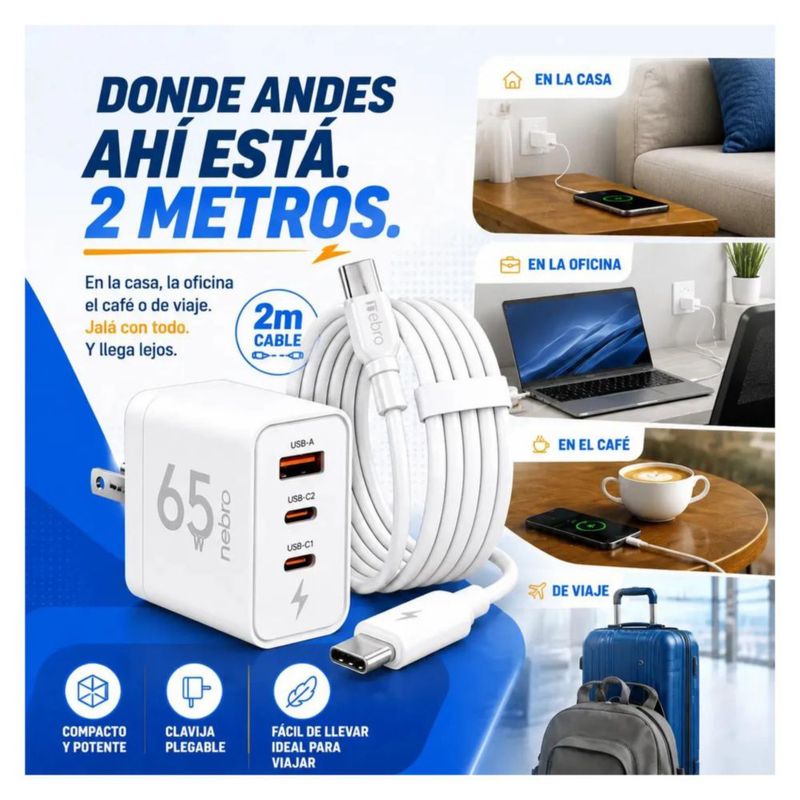 Cargador Gan Turbo 65w Super Rápido Tipo C Nebro 3 Puertos Nebro VGA-056T