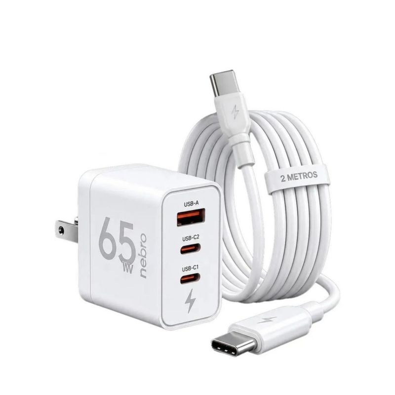 Cargador Gan Turbo 65w Super Rápido Tipo C Nebro 3 Puertos Nebro VGA-056T