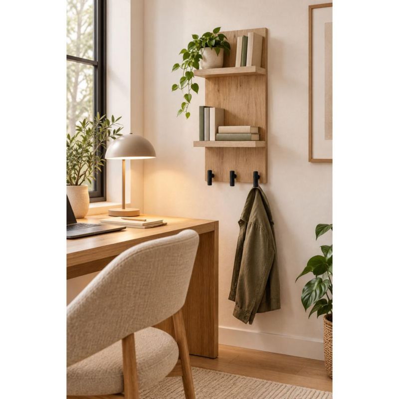 Estante Perchero De Pared Roble Con 3 Ganchos
