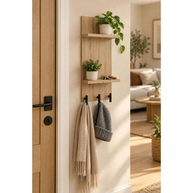 Estante Perchero De Pared Roble Con 3 Ganchos