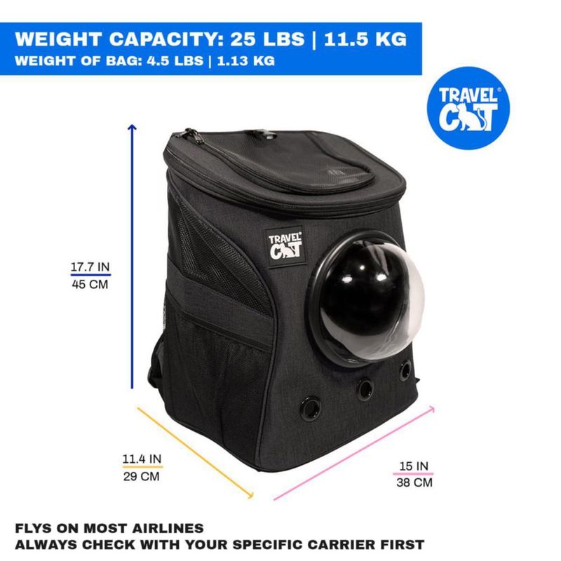Mochila transportadora para gatos The Fat Cat aprobada por aerolíneas con ventana burbuja