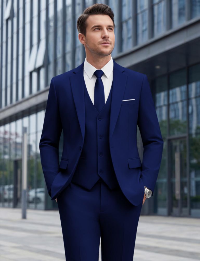 WULFUL Traje de hombre de corte entallado de 3 piezas azul