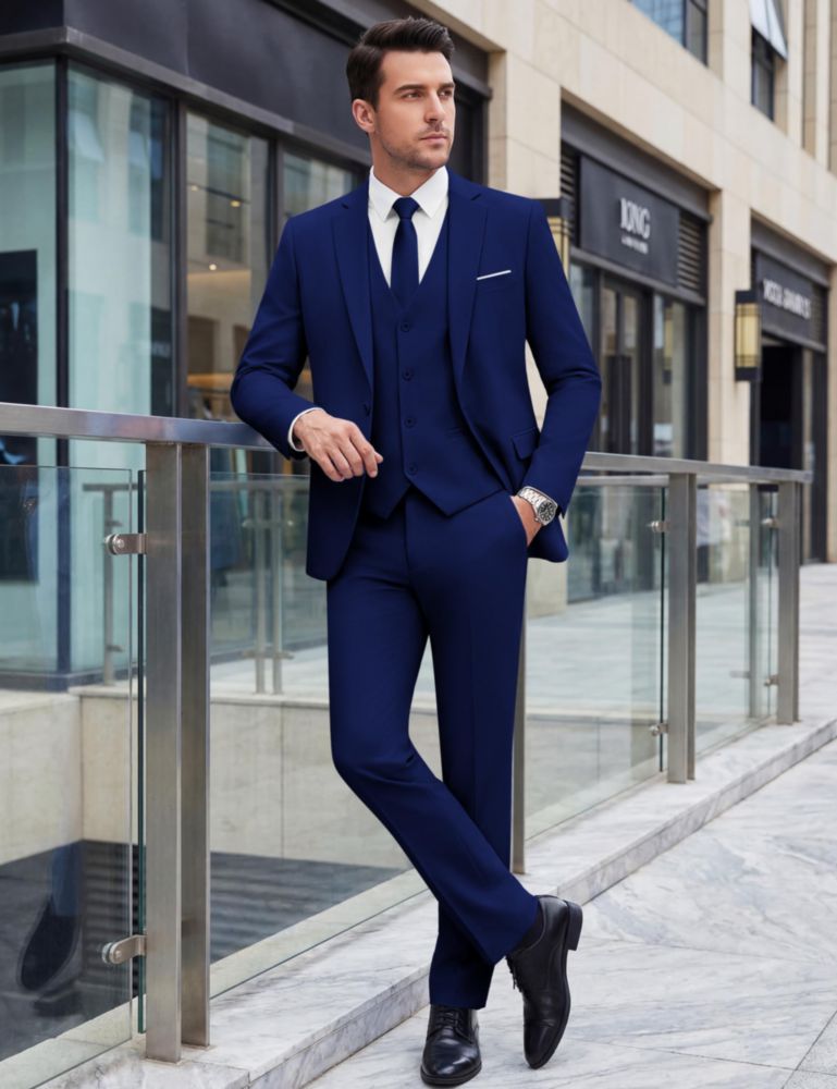WULFUL Traje de hombre de corte entallado de 3 piezas azul