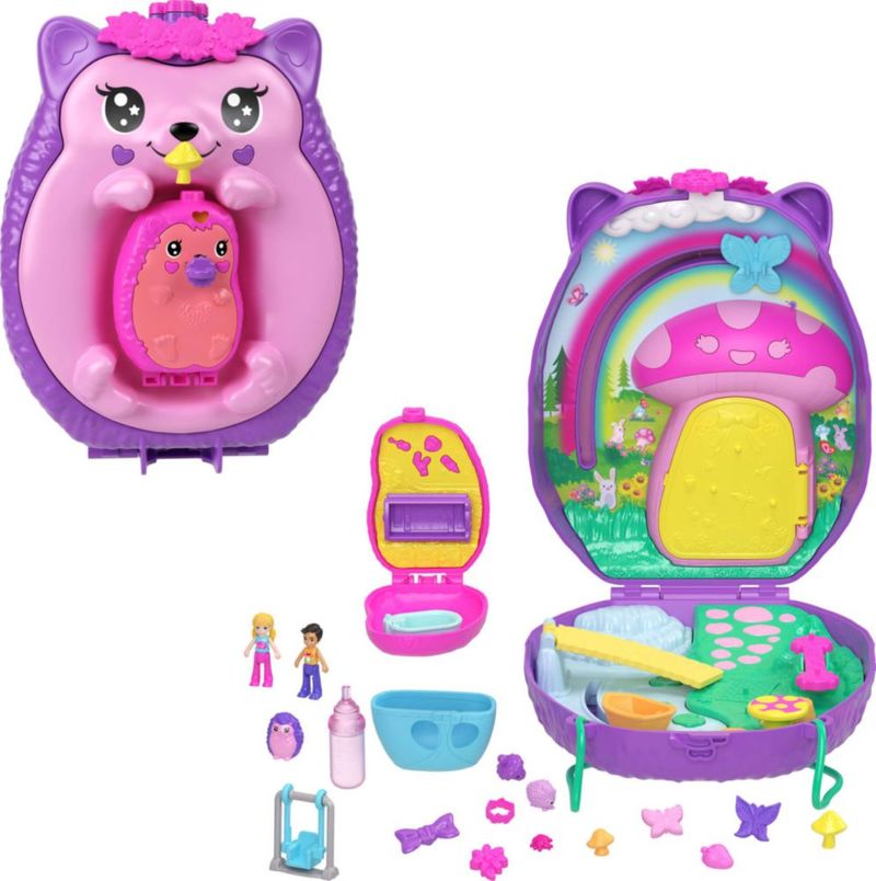 Polly Pocket Juguete Viaje 2 en 1 Hedgehog Mom Baby 16 Accesorios