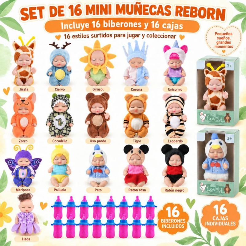 16 Mini Muñecas Renacidas ZVXCABV Realistas con Ropa y Botellas