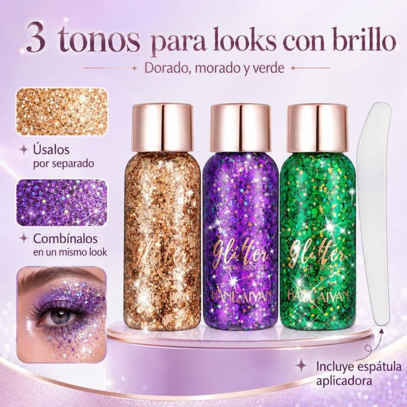 LYRAXE Gel con Brillos 3 Colores Brillante para Cara y Cuerpo