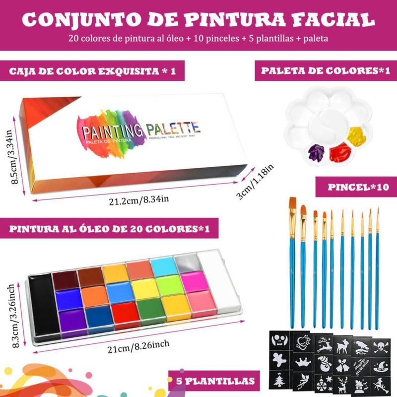 Kit Pintura Corporal Facial STRDIT 20 Colores 10 Pinceles