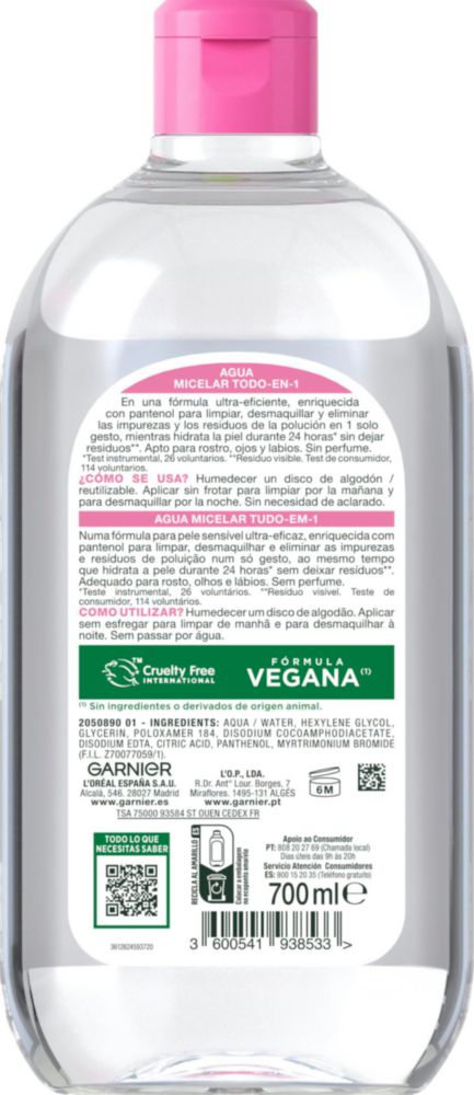 Agua Micelar Garnier 700ml Hipoalergénica Sin Fragancia