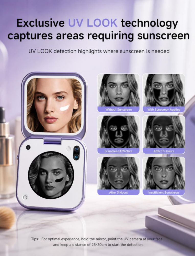 Espejo de Maquillaje inewme UV LED Compacto con Verificación de Protector Solar