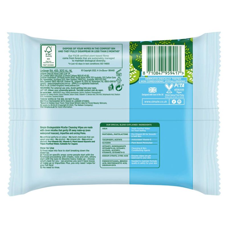 SIMPLE Toallitas Micelares Biodegradables 20 Piezas