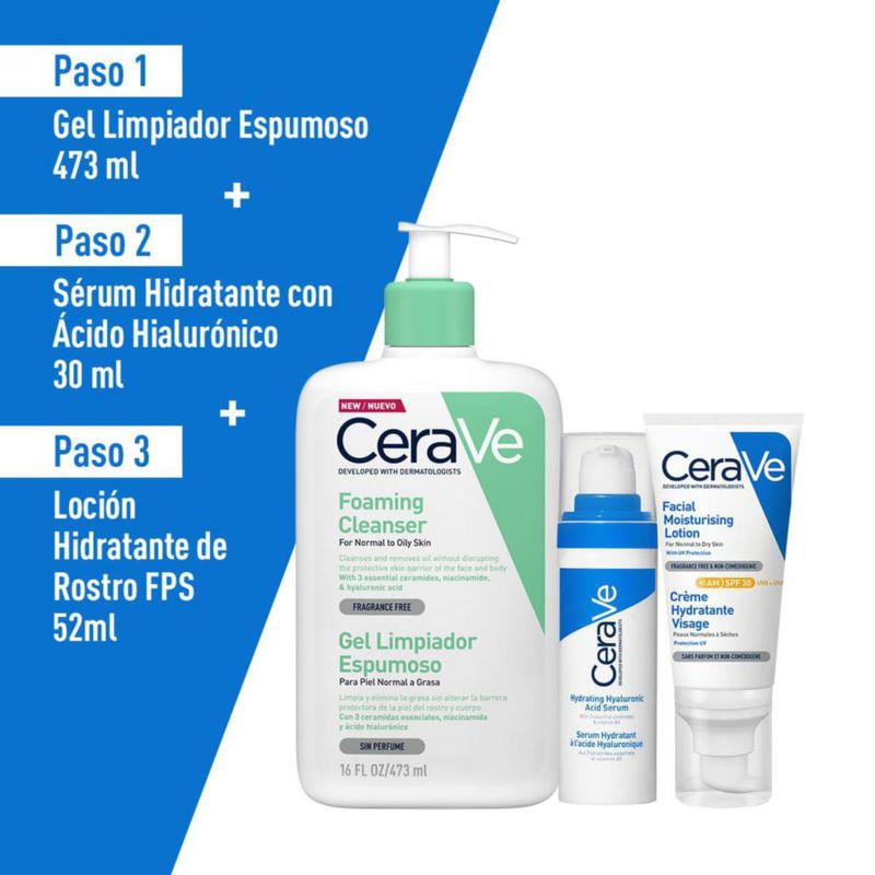 Kit Rutina Facial CeraVe Gel Limpiador Sérum Ácido Hialurónico Loción