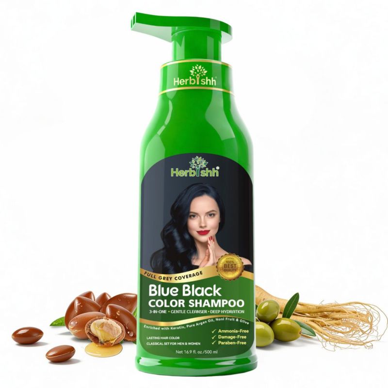 Herbishh Shampoo Colorante Blue Black 500 ml 3 en 1 Cubre Canas