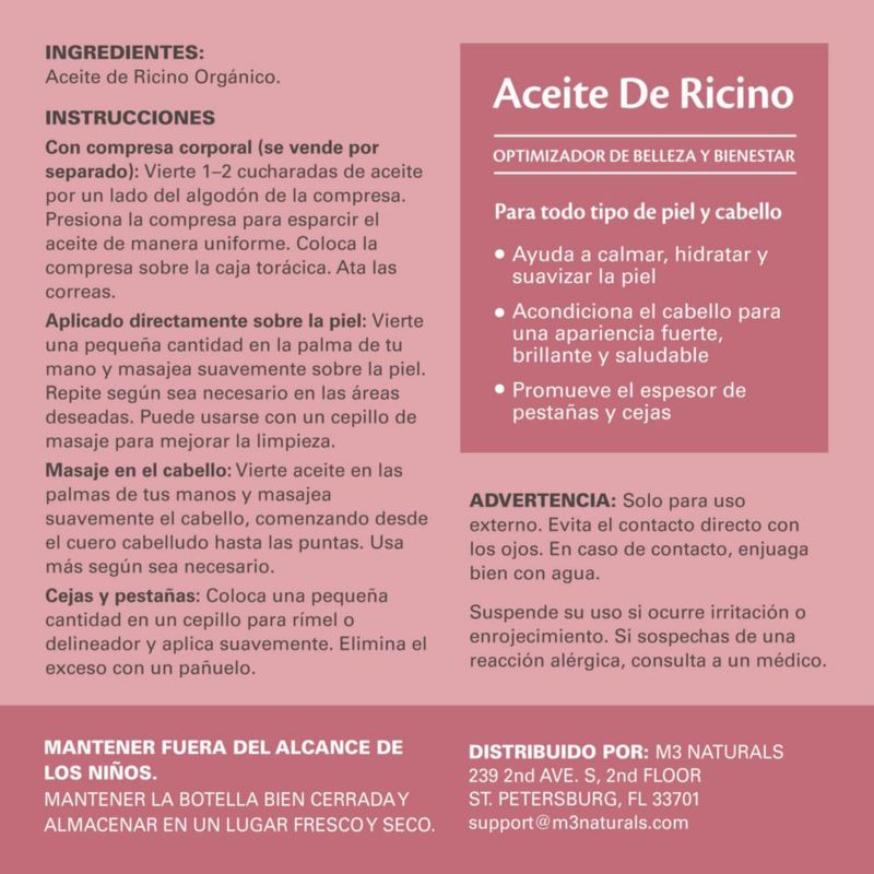 Aceite de Ricino Orgánico M3 Naturals 500 ml Prensado en Frío Botella