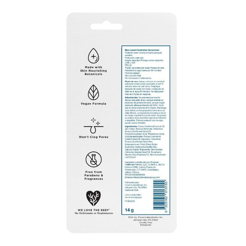 Protector Solar Blue Lizard Barra SPF 50 14g Piel Sensible