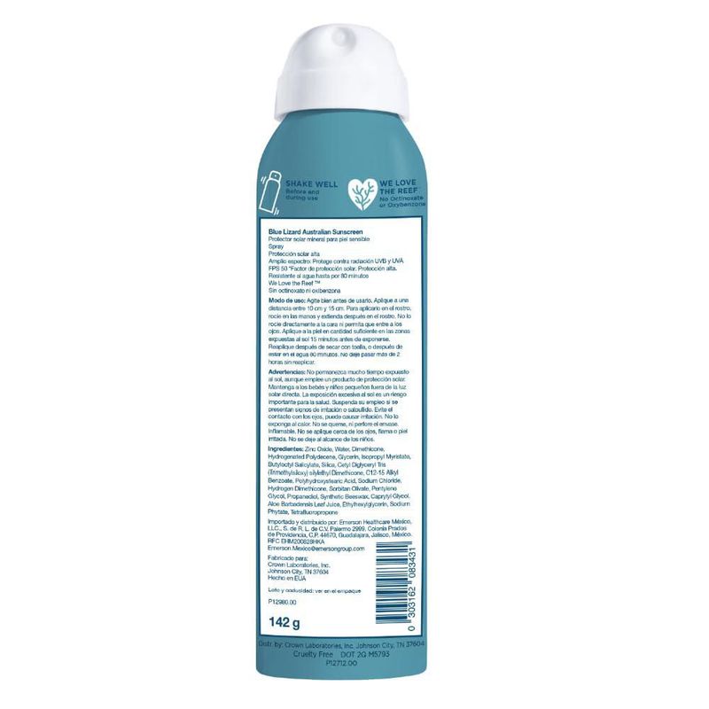 Blue Lizard Spray Protector Solar Mineral FPS 50 Piel Sensitive 142g
