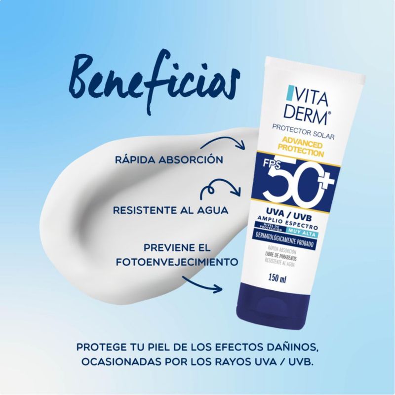 Vitaderm Protector Solar FPS 50 150ml Resistente al Agua y Libre de