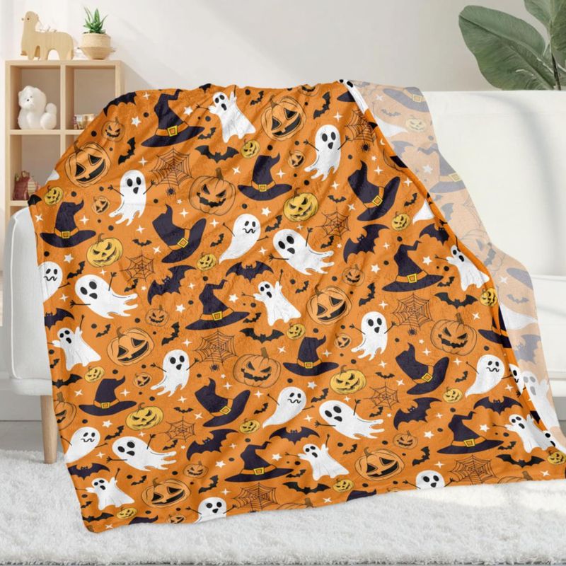 Manta IMUKU 102 cm x 152 cm Naranja con Fantasmas de Halloween