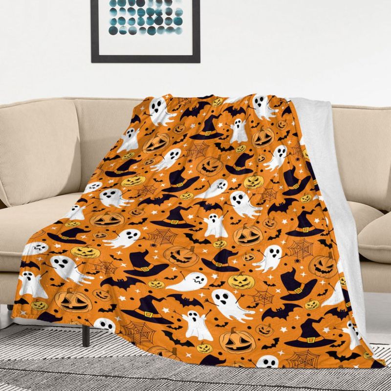 Manta IMUKU 102 cm x 152 cm Naranja con Fantasmas de Halloween