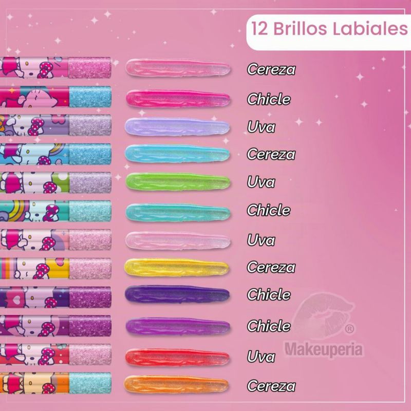 MAKEUPERIA Brillo de Labios Hello Kitty Set 12 Piezas Frutal Lavable