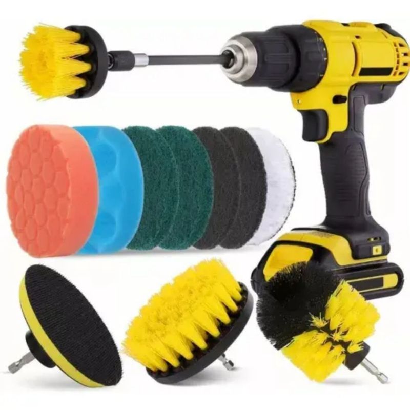 Kit Cepillo Para Taladro Con Piezas De Limpieza Esponja Negro con Amarillo