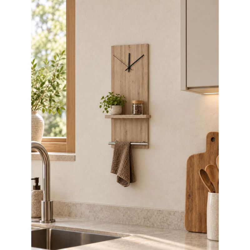 Repisa Organizador Perchero De Pared Con Reloj Y Barra Roble