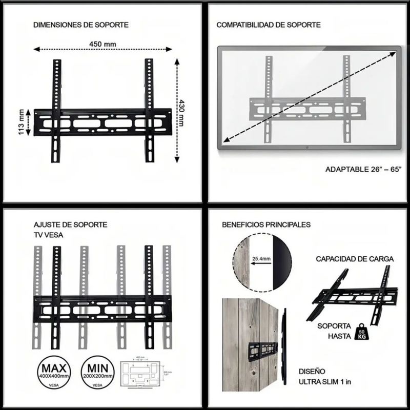 Soporte De Tv Monitor Pantallas De 26 A 65 Pulgadas Máx 50kg