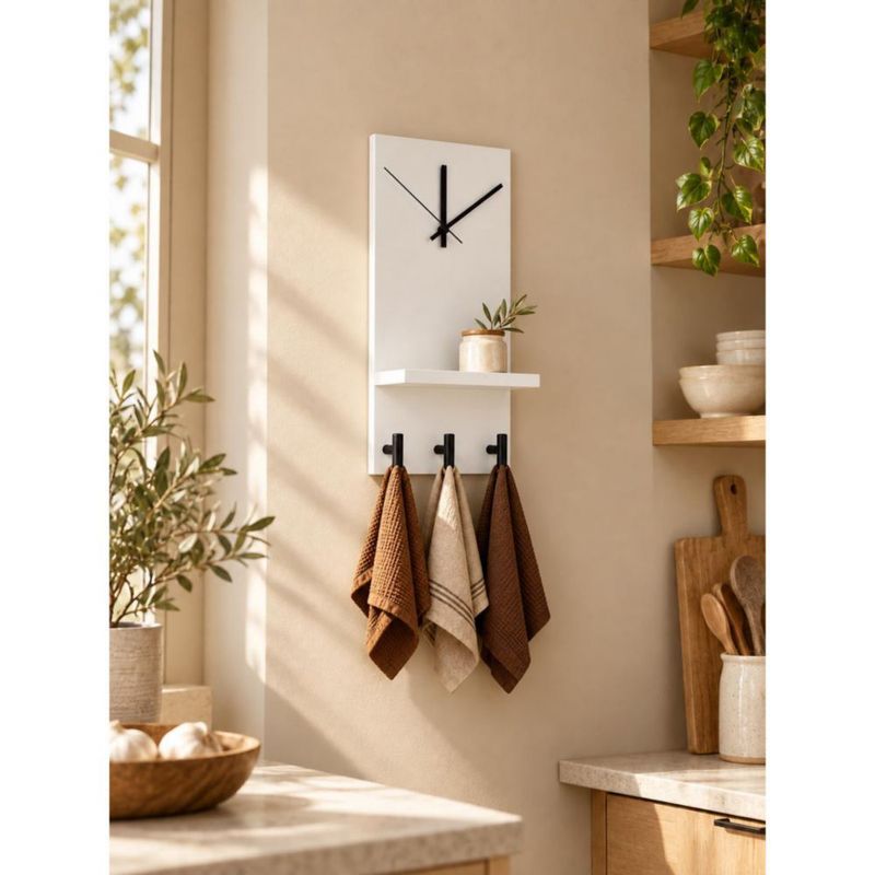 Reloj Perchero De Pared Moderno Repisa Y Ganchos Multiuso Blanco