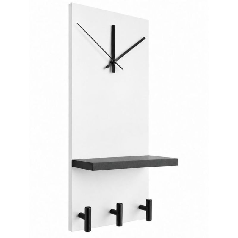 Reloj Perchero De Pared Moderno Repisa Y Ganchos Multiuso Blanco/Negro