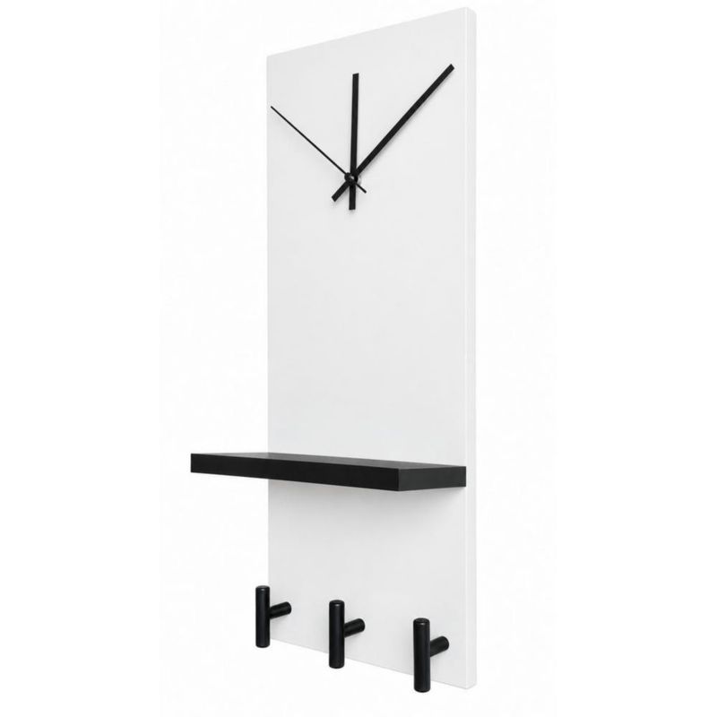 Reloj Perchero De Pared Moderno Repisa Y Ganchos Multiuso Blanco/Negro