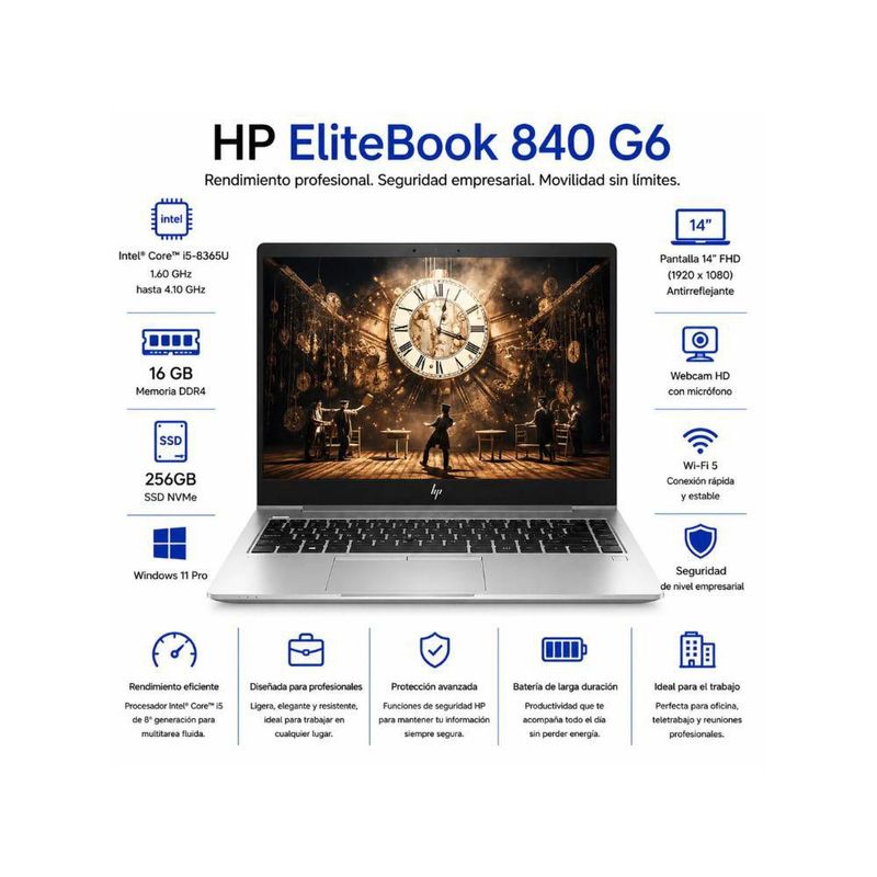 Laptop HP EliteBook 840 G6 14 Pulgadas Core i5 16GB RAM 256GB SSD Plata Reacondicionada Grado A