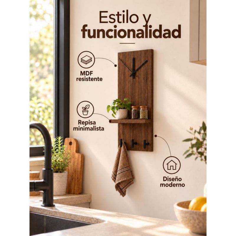 Reloj Perchero De Pared Moderno Repisa Y Ganchos Multiuso Durango