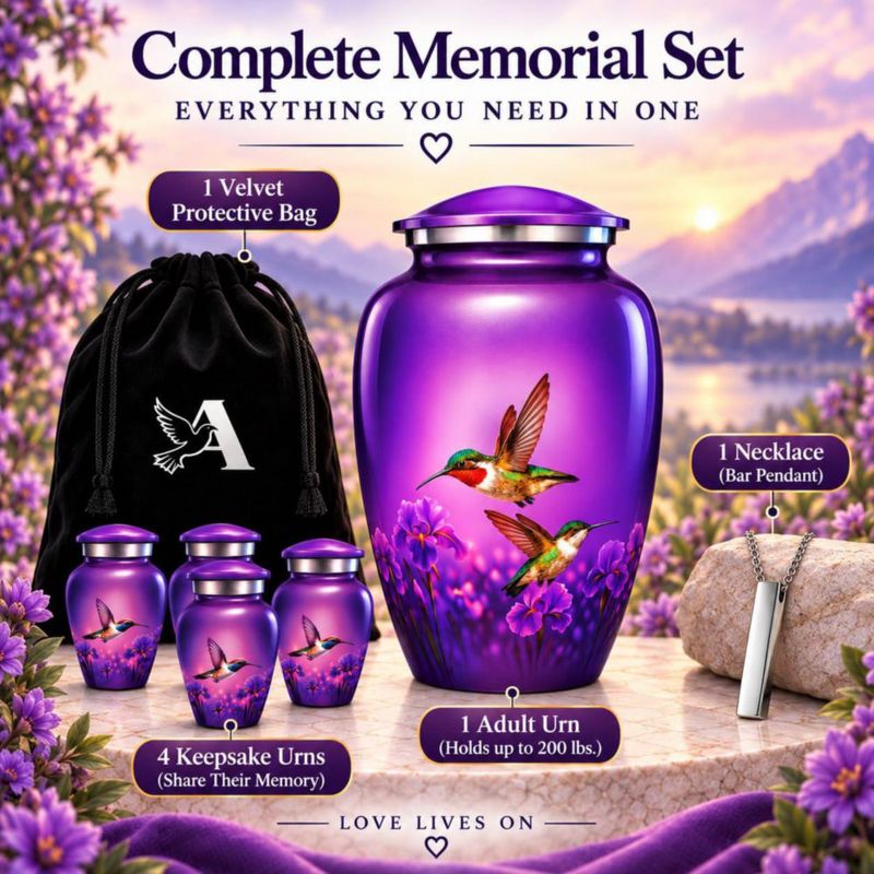 Juego de 6 urnas AMERICURN con diseño de colibrí morado