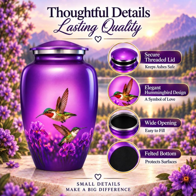 Juego de 6 urnas AMERICURN con diseño de colibrí morado