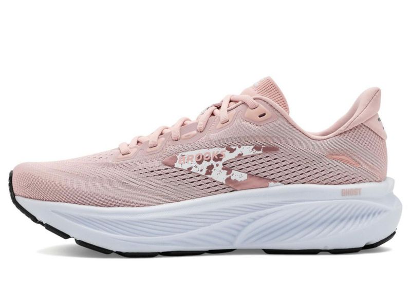 Zapatilla neutra de running y caminata Brooks Ghost 18 para mujer color Peach Whip/Blanco/Negro talla 7M