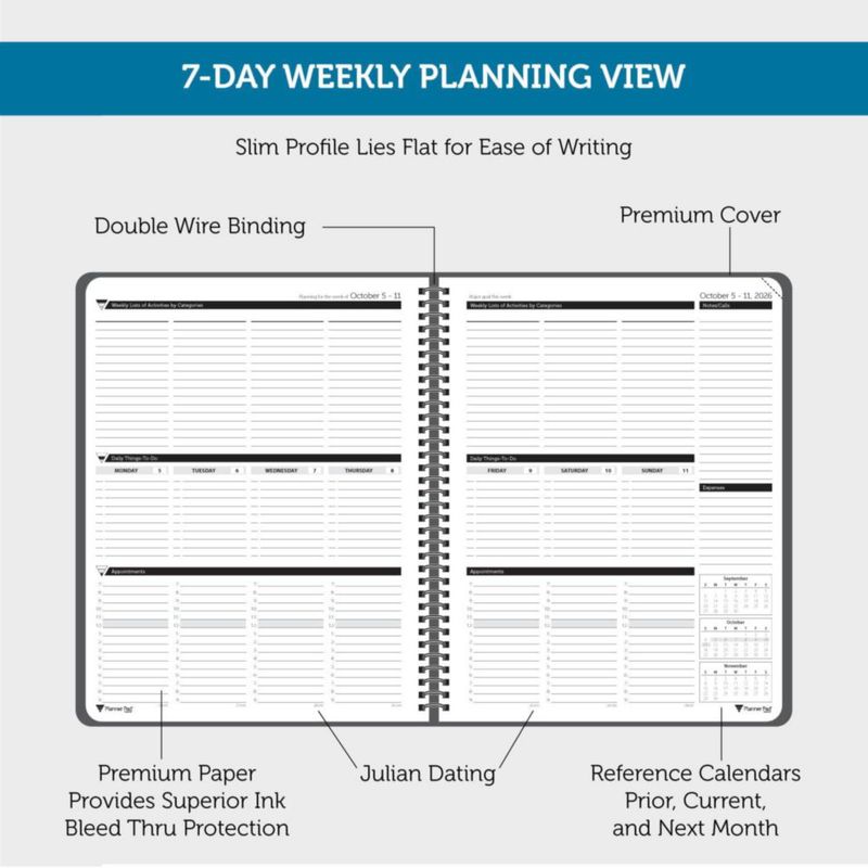 Planificador Planner Pad 21x28 cm 12 meses semanal tinta negra