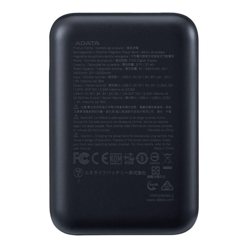 Batería de respaldo ADATA power bank C10022 10000mAh, entrada USB tipo C y USB tipo A, negra PC10022-12BK