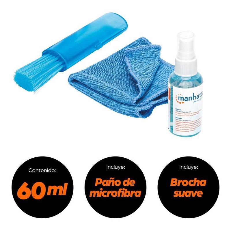 Kit Limpiador LCD Manhattan 421010 Microfibra + Cepillo + Solución 60 ml Sin Alcohol