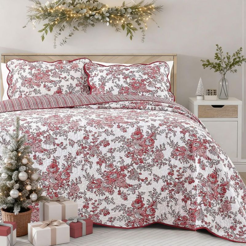 Juego de ropa de cama Wonderful King 305x300 cm Rojo Floral 3 piezas